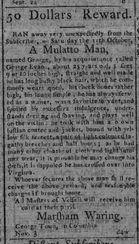 Fugitive slave advertisement for George Evan, who ran away from Georgetown, DC.